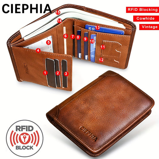 1pc CIEPHIA Card Holder or RFID Blocking Wallet for Men - Slim Minimalist Vintage Leather Wallet with Anti-Theft, Genuine Cowhide, Compact Bi/Fold Design, ID Window - Gifts for Dad, Husband, Boyfriend - RFID Protection, Durab Beauty Fashion