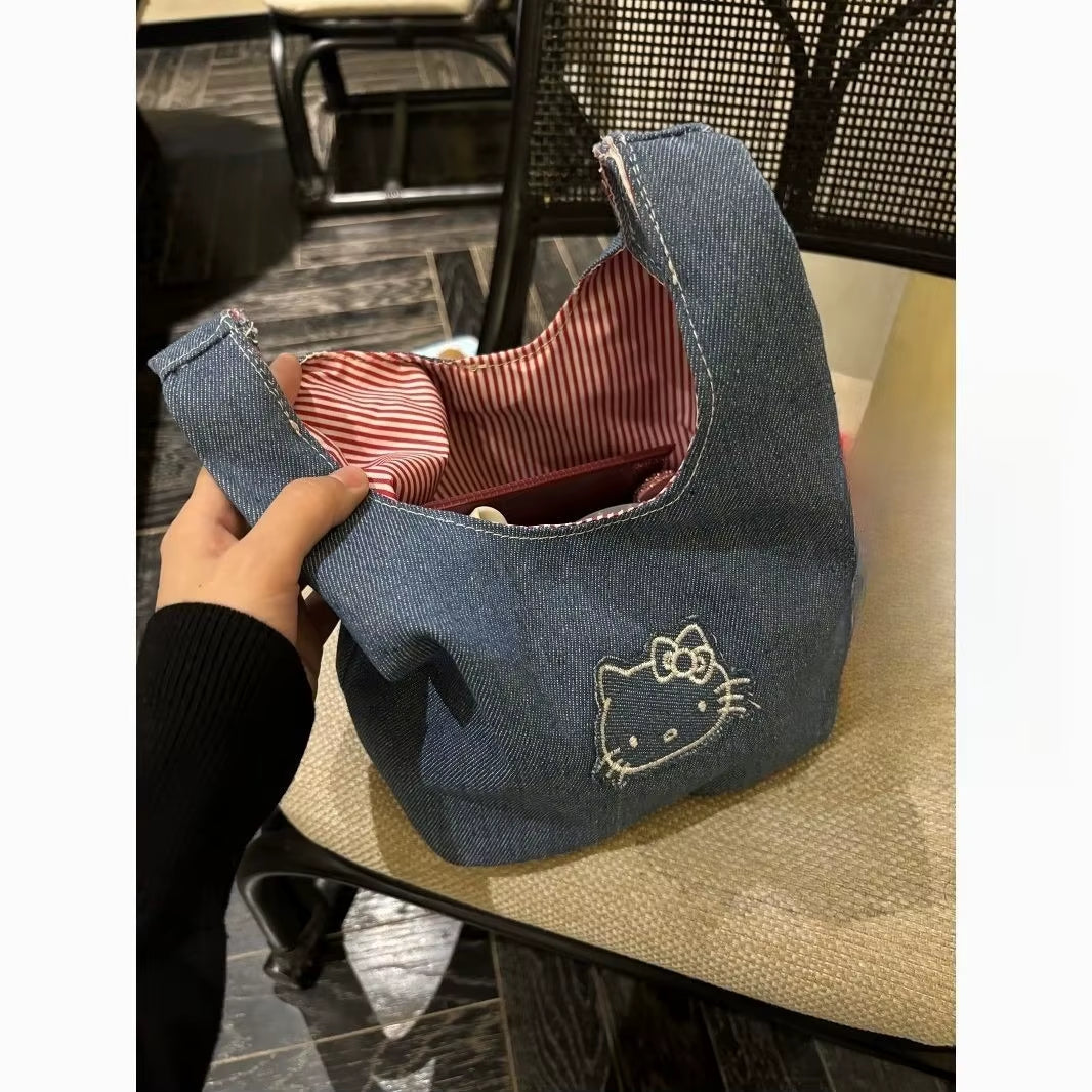 Kitty Shoulder Bag Cute Denim Embroidered Large Capacity Portable Handbag for Walking Outdoors Office Commute and Lunch Carry