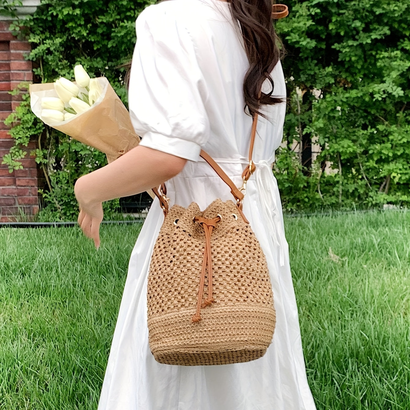 Simple Drawstring Straw Bucket Bag, All-Match Crossbody Bag, Lightweight Braided Shoulder Bag Beauty Fashion
