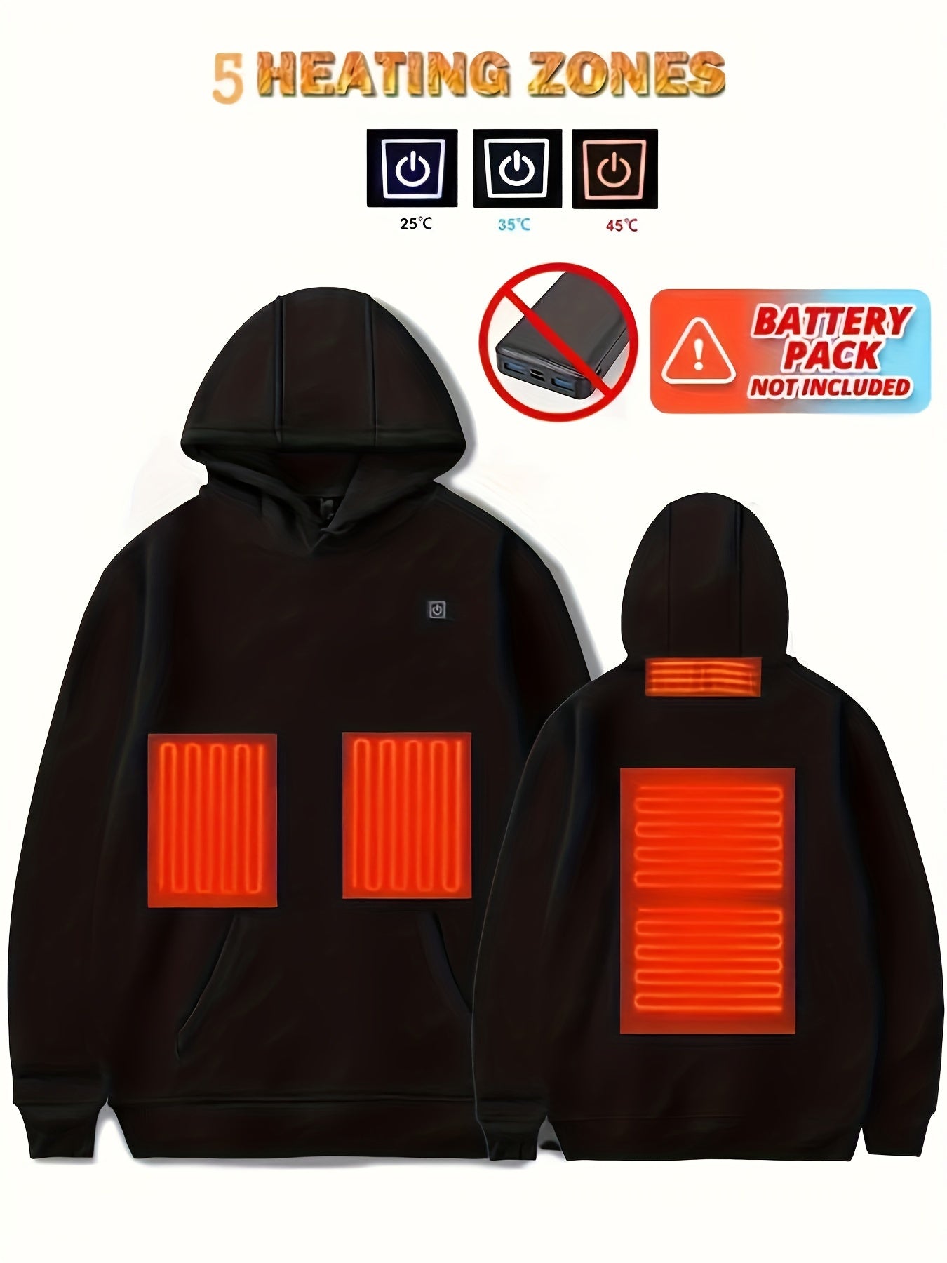5 Heating Zones Heated Hooded Sweatshirt For Men – Autumn/Winter Outdoor Sport Pullover With Kangaroo Pocket – Battery Pack Not Included Beauty World Shop