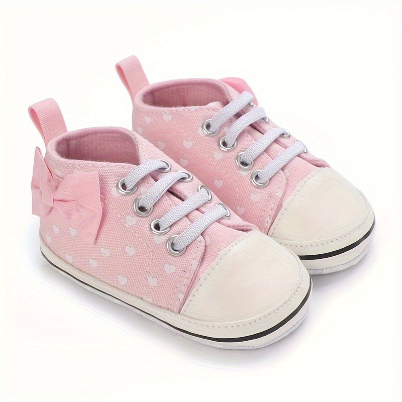Baby Girls Heart Printed Lightweight Skate Shoes With Bowknot, Comfortable Non-slip Sport Walking Toddler Shoes, Fall Beauty World Shop