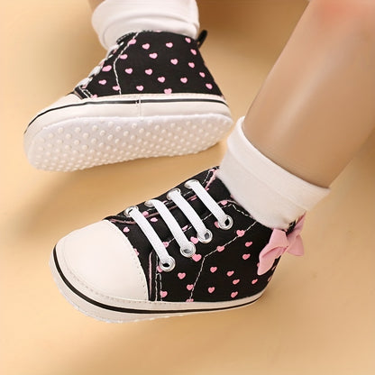 Baby Girls Heart Printed Lightweight Skate Shoes With Bowknot, Comfortable Non-slip Sport Walking Toddler Shoes, Fall Beauty World Shop