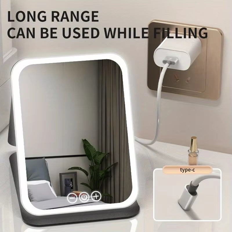 LED Makeup Mirror 3 Colors Lighting Dimmable with Touch Screen Fold Cosmetic Makeup Mirror Rechargeable Tabletop for Travel Home