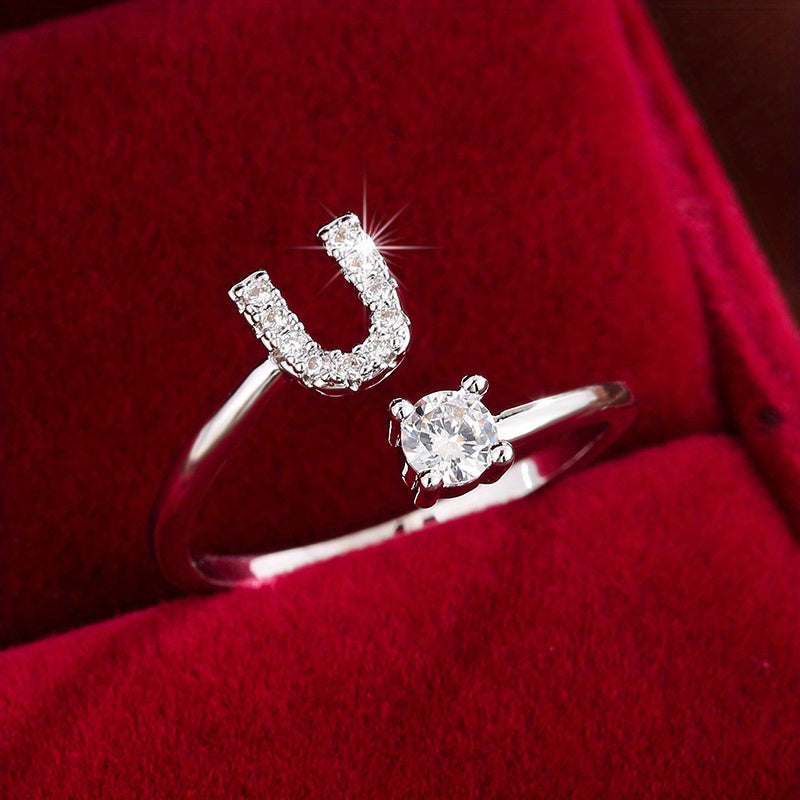 Fashionable 26 English Letters Four-Prong Synthetic Synthetic Zirconia Open Adjustment Ring Beauty Fashion