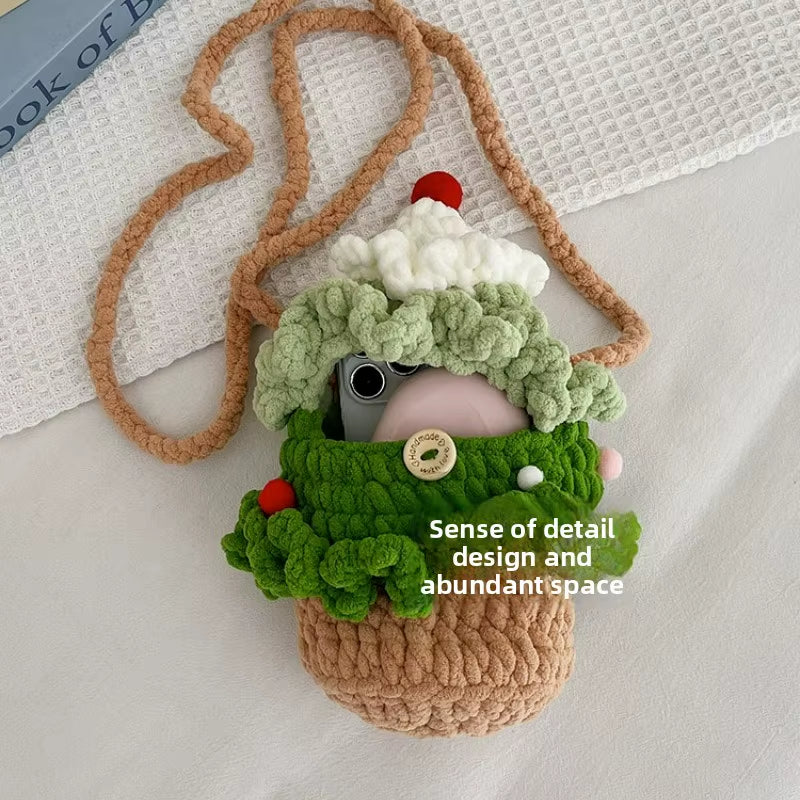 Christmas Tree Crochet Shoulder Bag Textured Casual Crossbody Bags for Kids Women Handmade Knitted Purse Holiday Gift Cute Bag