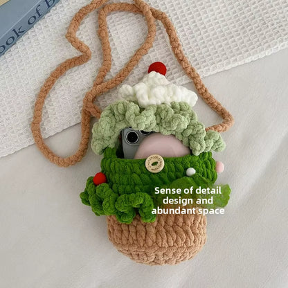 Christmas Tree Crochet Shoulder Bag Textured Casual Crossbody Bags for Kids Women Handmade Knitted Purse Holiday Gift Cute Bag