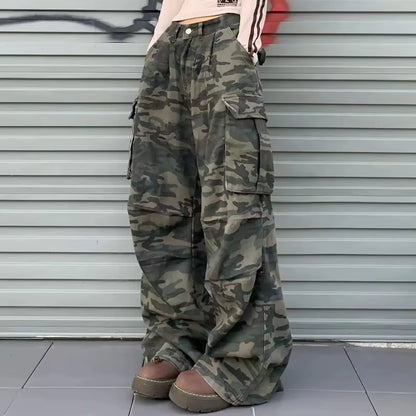 Women Y2K Camouflage Cargo Jeans Vintage High Waist Hip Hop Wide Leg Pants Female Street Wear Baggy Straight Denim Trouser
