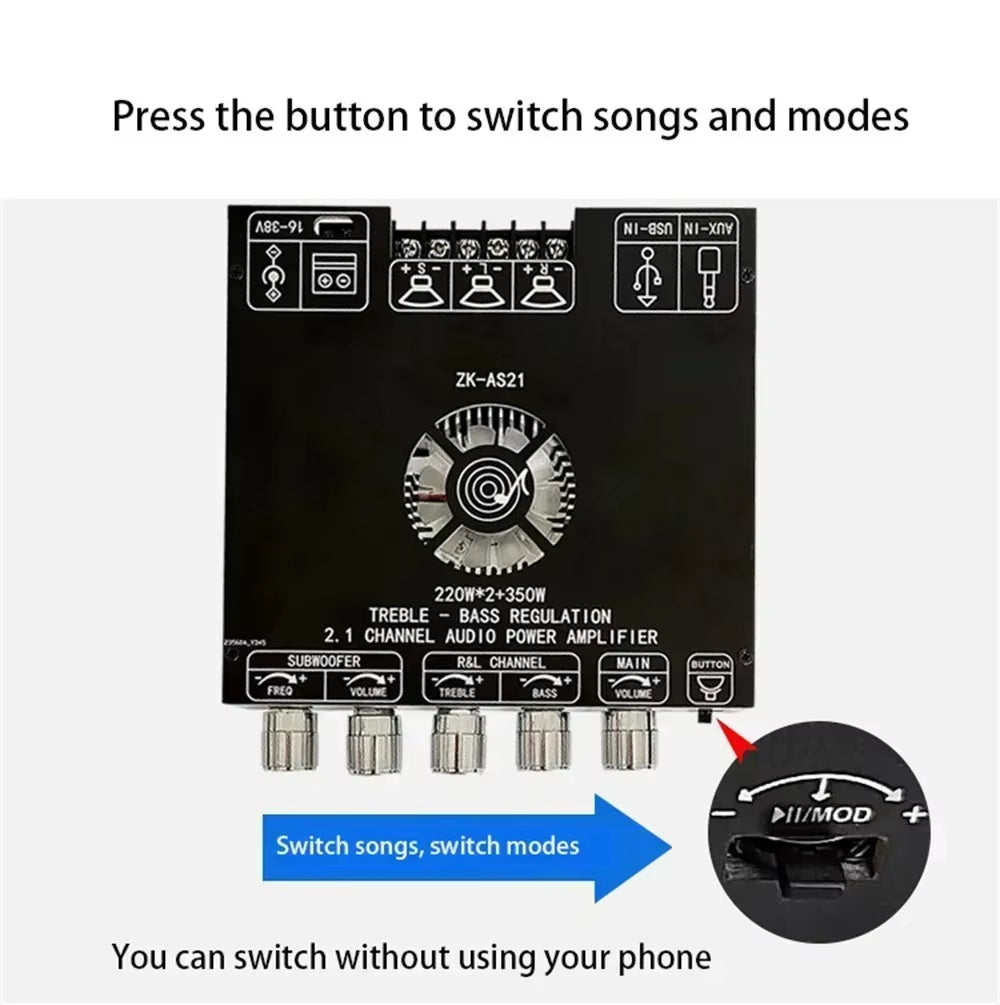 2*220W+350W Bluetooth 5.1 TPA3255 Audio Stereo Subwoofer Amplifier Board 2.1 Channel Class D Theater Equalizer Amp AS21 AUX