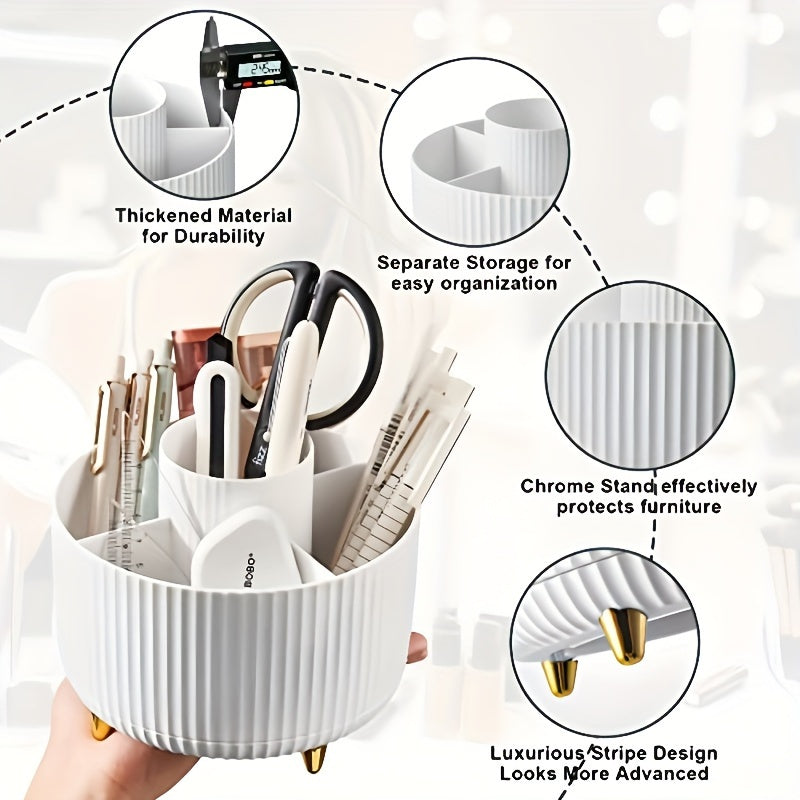 360° Rotating Makeup Organizer - 1pc Plastic Cosmetic Storage with 5 Compartments - Multi-Functional Holder for Brushes, Lipsticks, Skin Care Products, and Stationery - Durable Unscented Desk Caddy with Luxury Stripe Design Beauty Fashion
