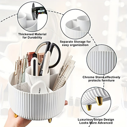 360° Rotating Makeup Organizer - 1pc Plastic Cosmetic Storage with 5 Compartments - Multi-Functional Holder for Brushes, Lipsticks, Skin Care Products, and Stationery - Durable Unscented Desk Caddy with Luxury Stripe Design Beauty Fashion