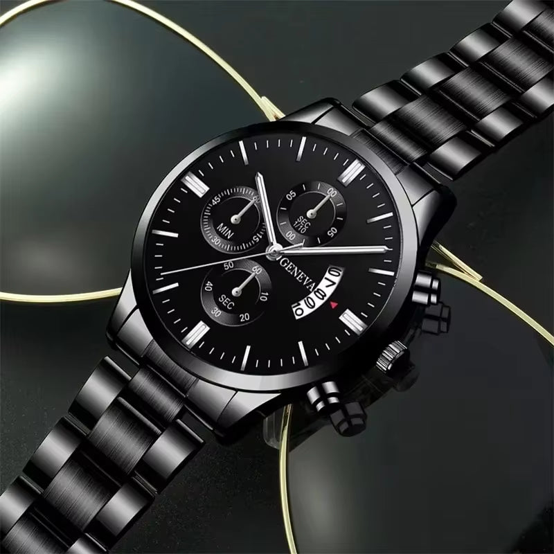 3PCS Men'S Watch Set Business Trend Classic round Dial Quartz Watch Bracelet Necklace Set Perfect Gift for Friends or Dad