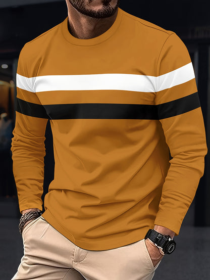Men's Long Sleeve Crew Neck T-Shirt - Polyester Blend, Basic Solid Color with Color Block Detail, Slight Stretch Knit, Casual Sport Style, for Spring/Fall Beauty World Shop