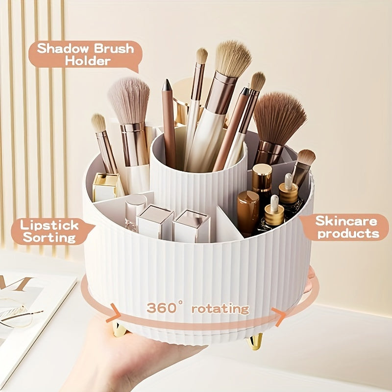 360° Rotating Makeup Organizer - 1pc Plastic Cosmetic Storage with 5 Compartments - Multi-Functional Holder for Brushes, Lipsticks, Skin Care Products, and Stationery - Durable Unscented Desk Caddy with Luxury Stripe Design Beauty Fashion