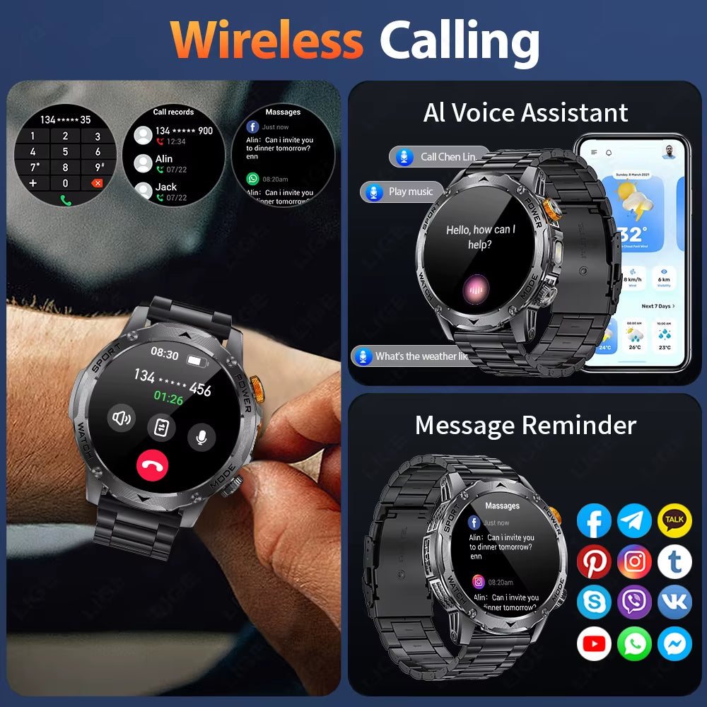 Military Smart Watch Men 1000Mah Battery Outdoors LED Flashlight Waterproof Heart Rate Sport BT Call 1.7" AMOLED Smartwatch