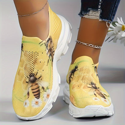 Breathable Knit Platform Sneakers - Women's Bee Print Slip On Outdoor Shoes - Comfortable Low Top Sport Shoes
