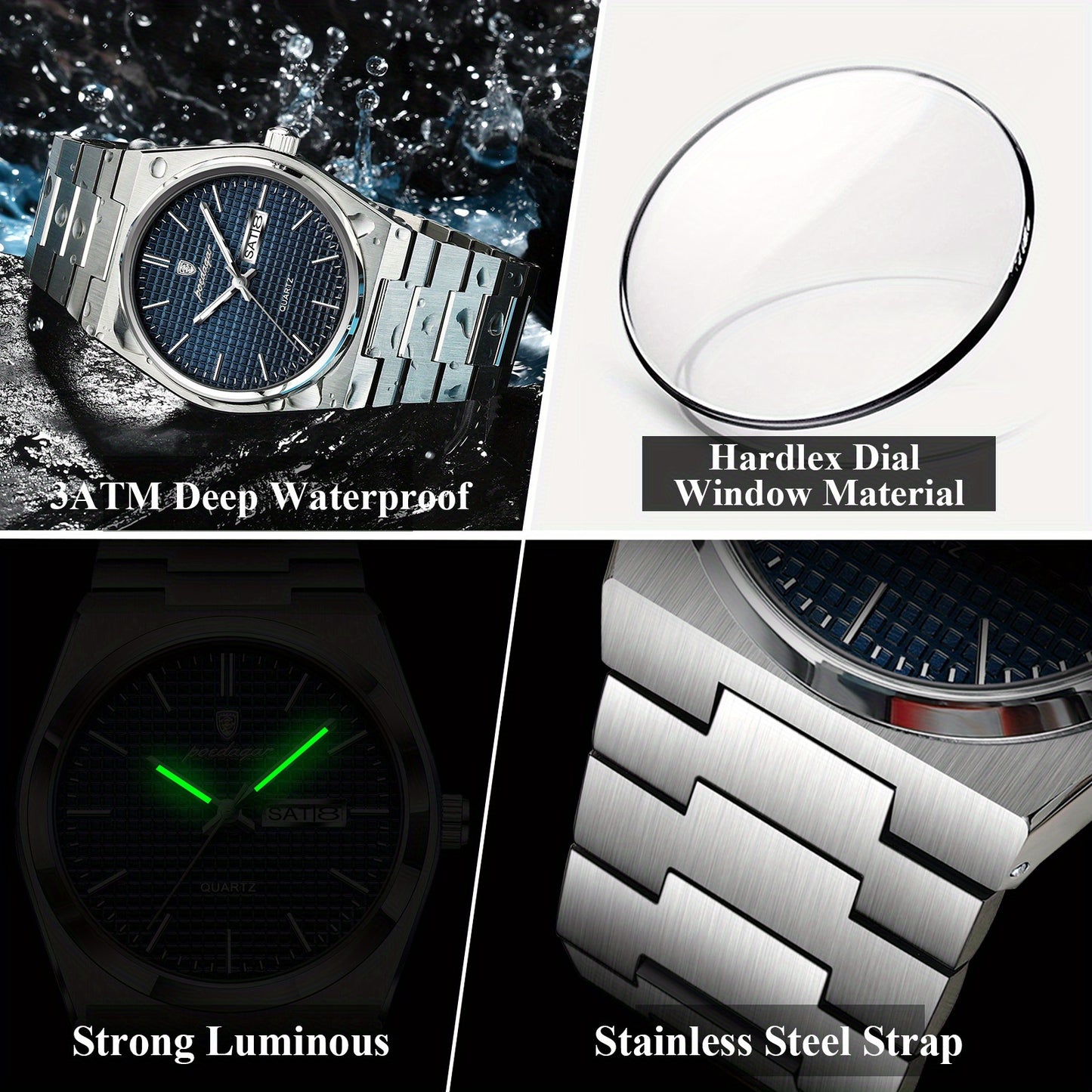 POEDAGAR Men's Luxury Sport Watch, Military Luminous Date Week, Stainless Steel Quartz, Casual Style, Pointer Display, Electronic Movement, Zinc Alloy Case, Stainless Steel Band, Round Dial Beauty World Shop