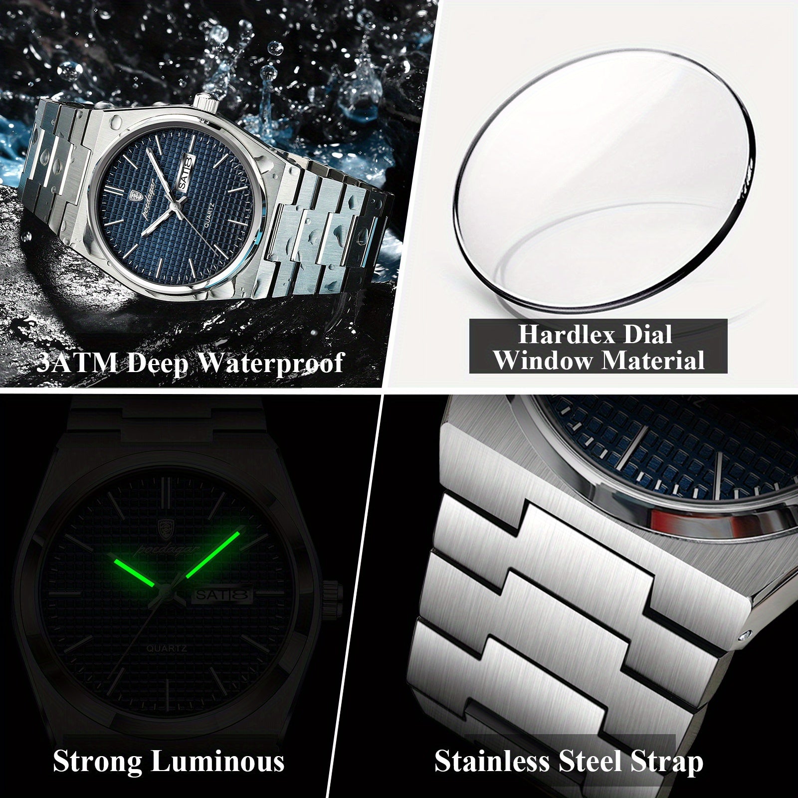 POEDAGAR Men's Luxury Sport Watch, Military Luminous Date Week, Stainless Steel Quartz, Casual Style, Pointer Display, Electronic Movement, Zinc Alloy Case, Stainless Steel Band, Round Dial Beauty World Shop