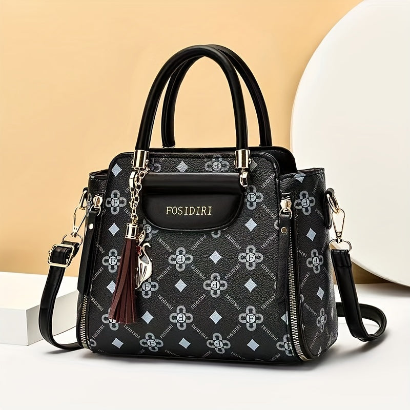 Tassel Pendant Top Handle Satchel handbag, PU  Textured Bag Purse, Classic Versatile Fashion handbag Best Gifts for Carnaval Beauty Fashion