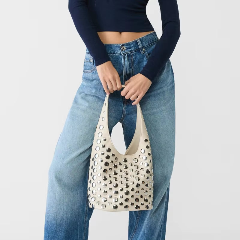 Punk Style Embellished Double-Faced round Rivet Inlaid Niche Luxury Bucket Bag Chic Lady Underarm Large Capacity Shoulder Bag
