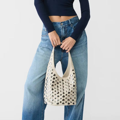 Punk Style Embellished Double-Faced round Rivet Inlaid Niche Luxury Bucket Bag Chic Lady Underarm Large Capacity Shoulder Bag