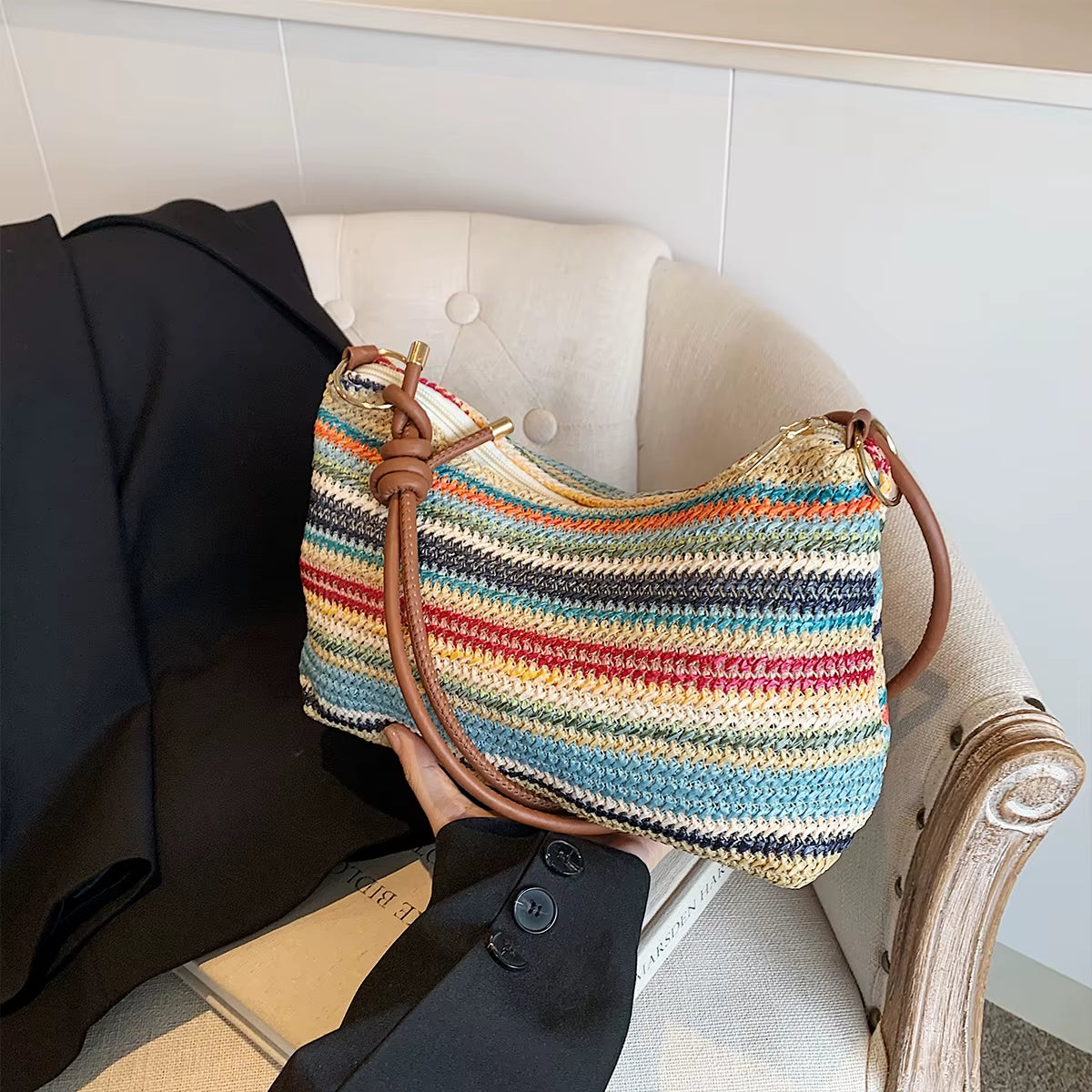 Women'S Striped Woven Straw Tote Bag - Lightweight Large Capacity with Detachable Coin Purse & Zip Closure for Beach Vacation