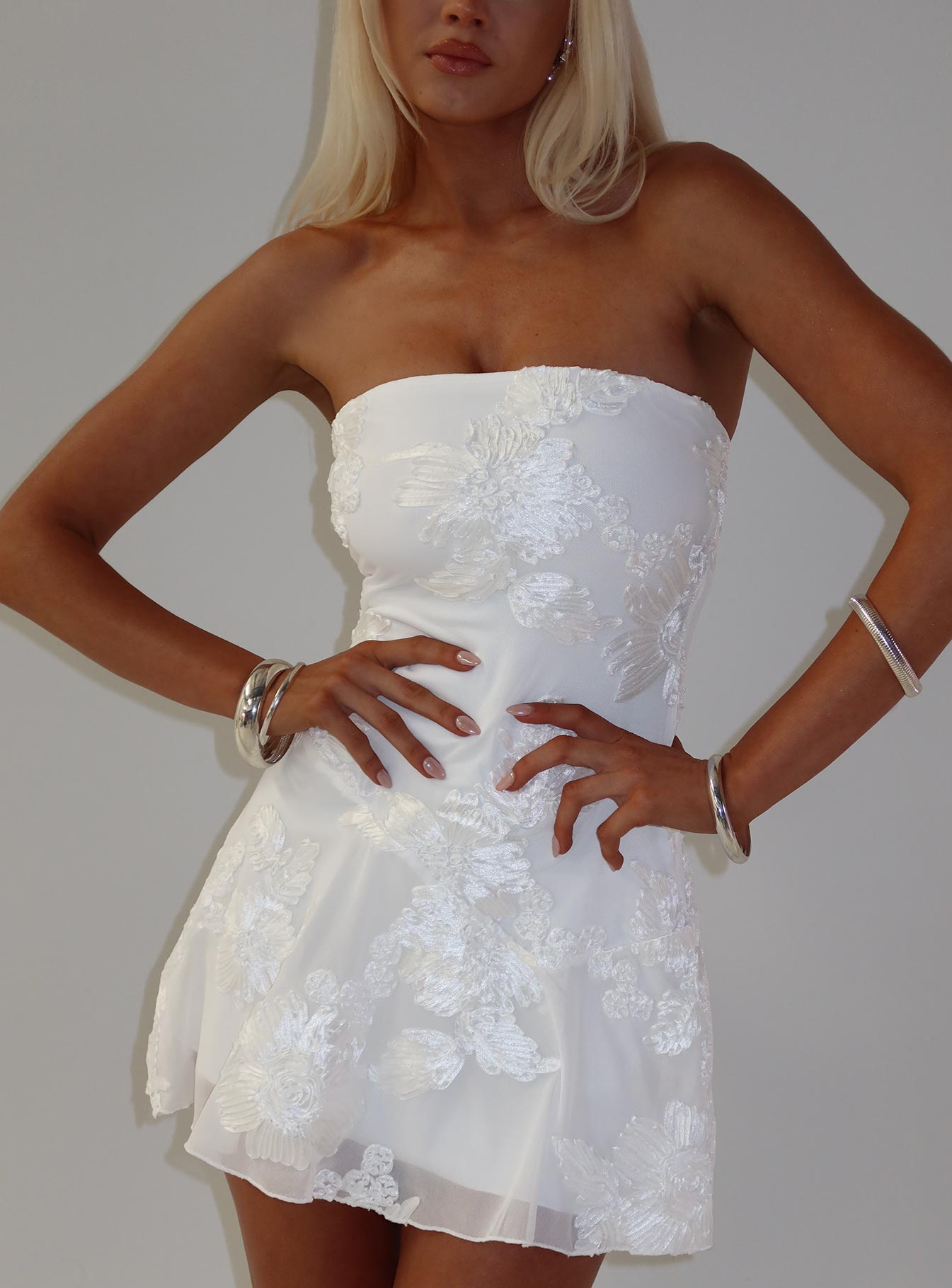 Meadow of Dreams Strapless Mini Dress White Floral Burnout Princess Polly