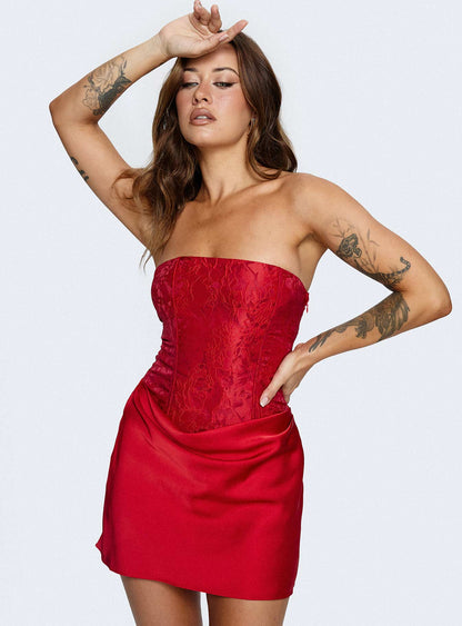 Jenevieve Strapless Drape Mini Dress Red Princess Polly