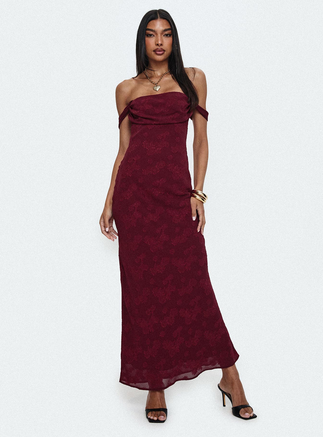 Azura Off The Shoulder Maxi Dress Burgundy Princess Polly