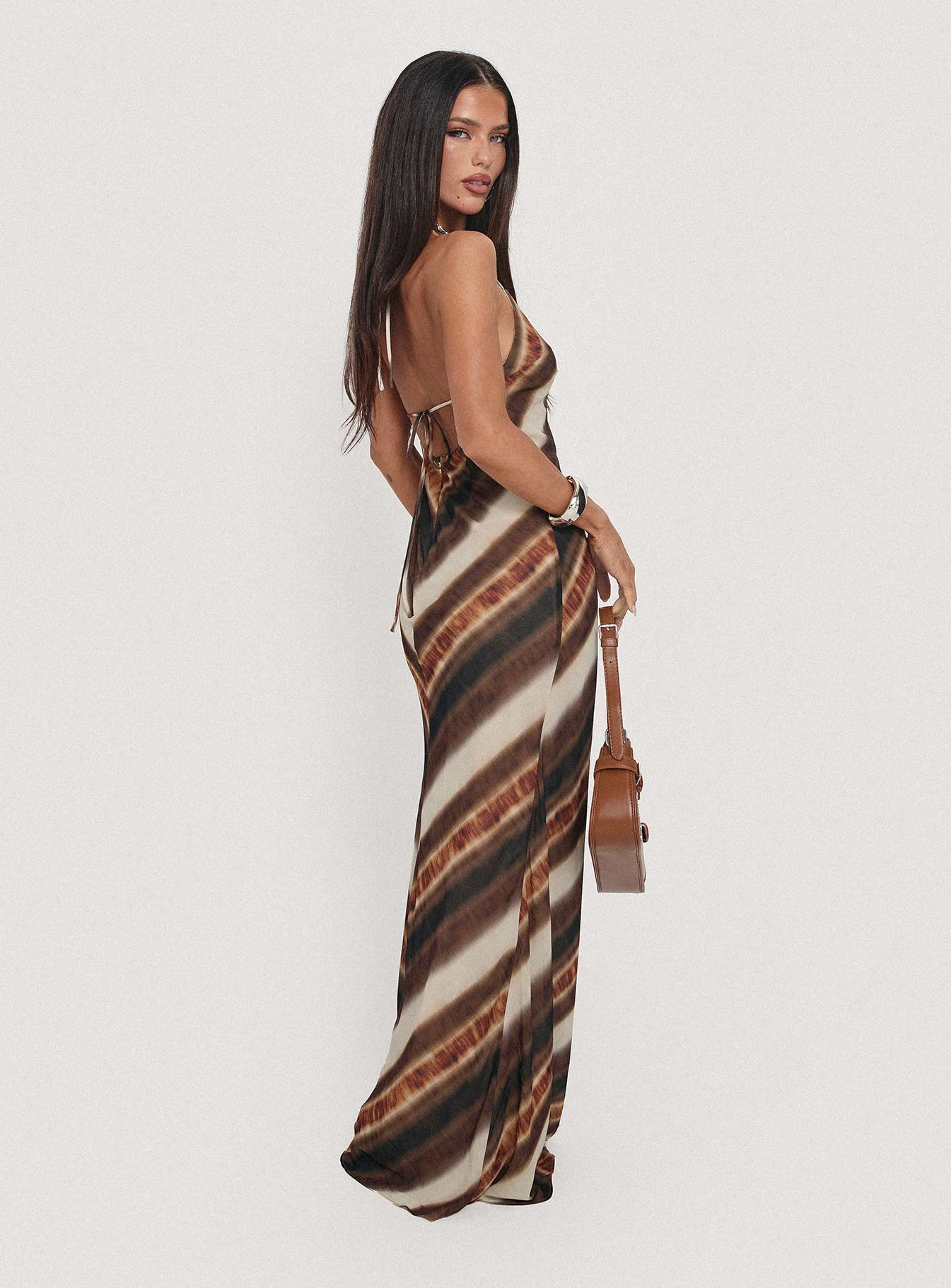 Esmira Halter Maxi Dress Brown Stripe Princess Polly