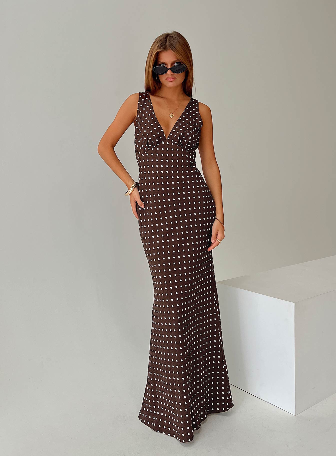 Nellie Maxi Dress Brown Polka Dot Princess Polly