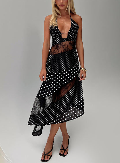 Down With Love Asymmetrical Midi Dress Black / White Polka Princess Polly