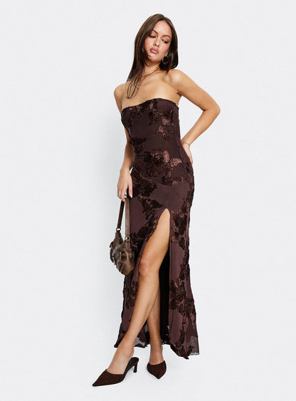 Maribeth Strapless Floral Maxi Dress Chocolate Brown Princess Polly