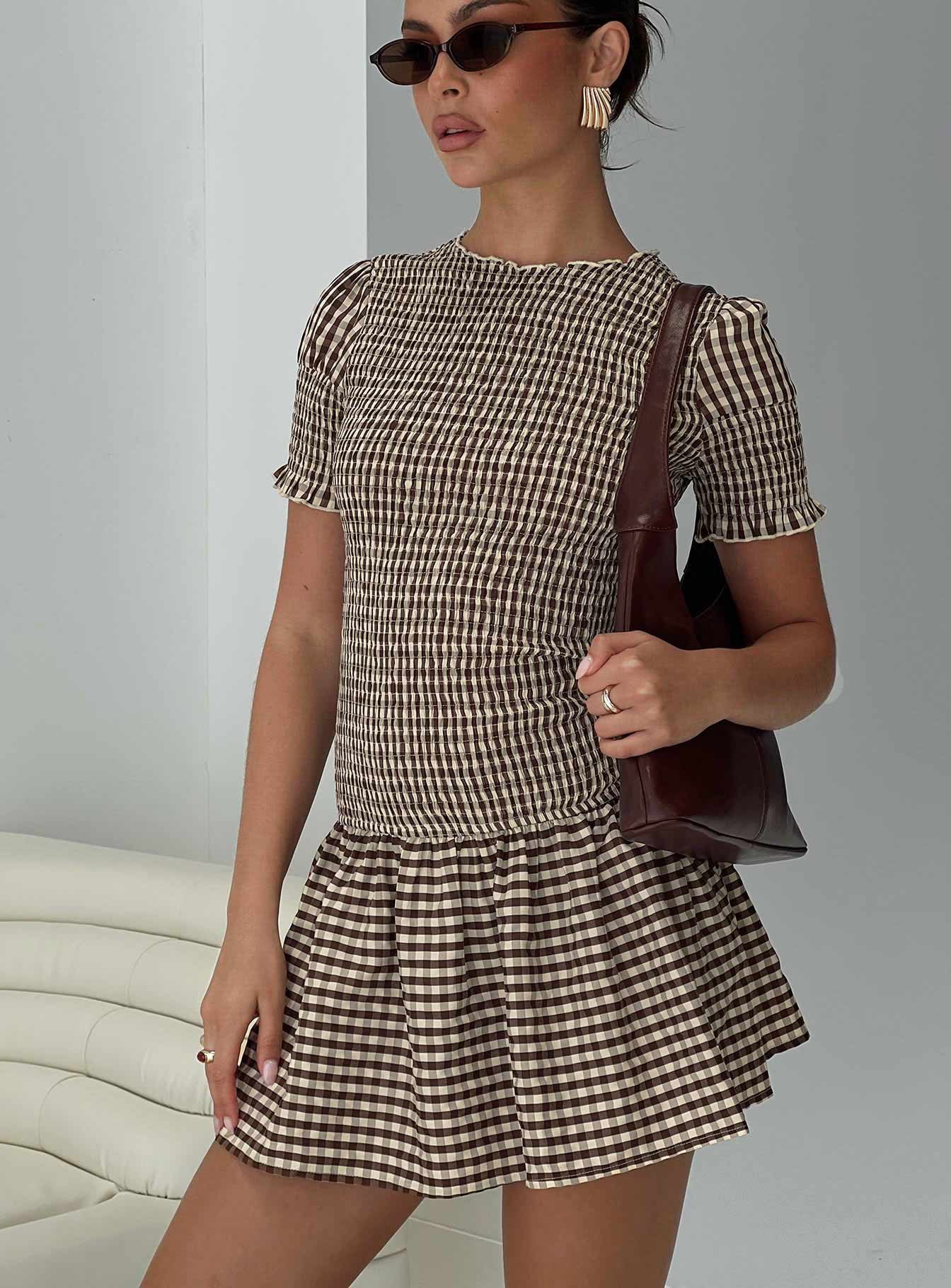 Laurita Shirred Mini Dress Brown Check Princess Polly