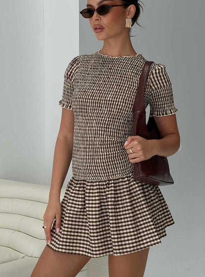 Laurita Shirred Mini Dress Brown Check Princess Polly