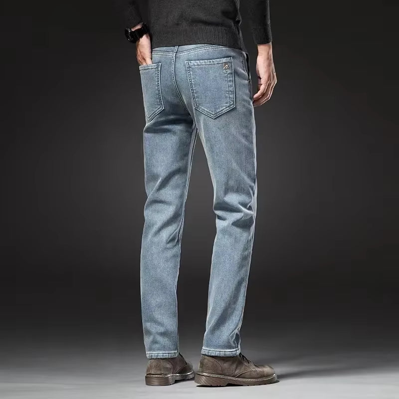 Winter Fleecy Thickened Warm Jeans Vintage Brand Classic Retro Youth Fashion Men Fit Straight Leg Casual Stretch Denim Pants