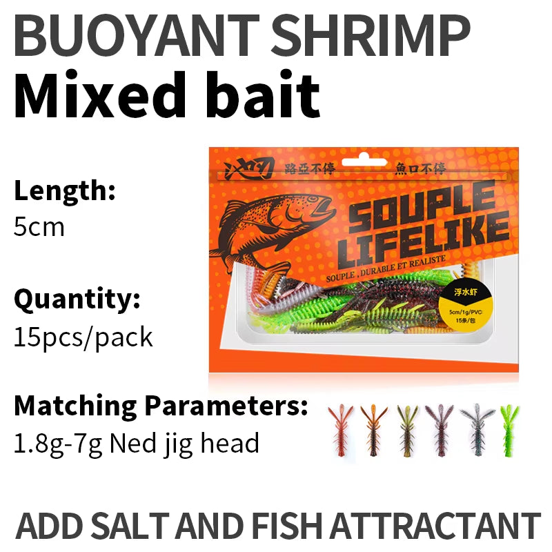 Floating Soft Shrimp Fishing Bait NED Rig Wobblers Shrimp Swim Lure Jig Salt Silicone Swimbait with Fish Attractant