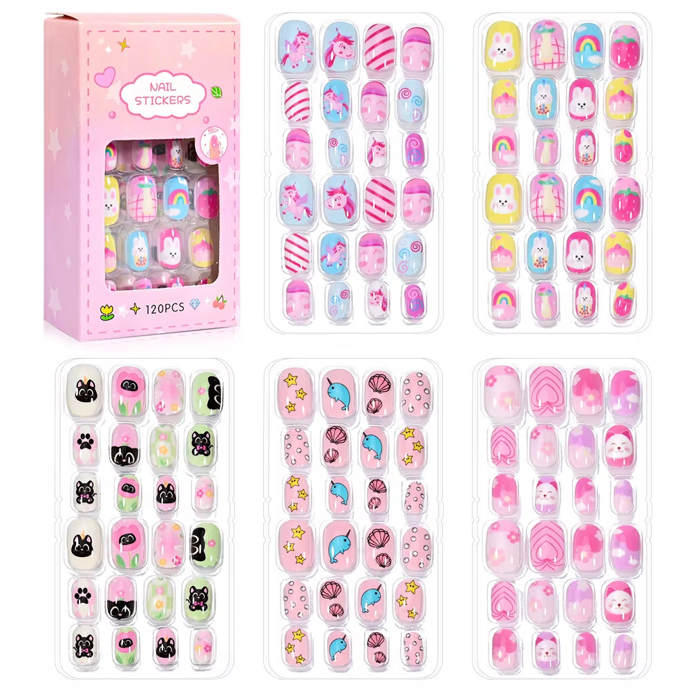 120Pcs/Box Cartoon Gril Princess Children Press on Nails 6-14Years Kawaii Cat/Flowers/Rainbow Nail Tips with Jelly Gel Girl Gift