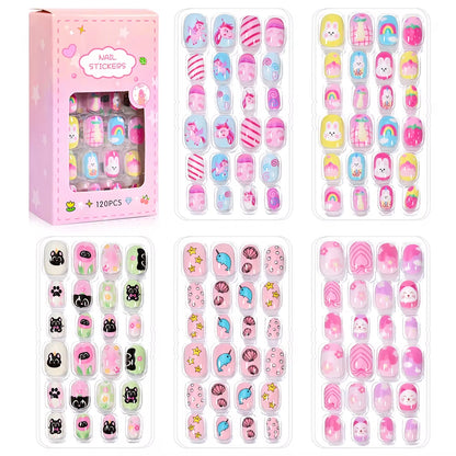 120Pcs/Box Cartoon Gril Princess Children Press on Nails 6-14Years Kawaii Cat/Flowers/Rainbow Nail Tips with Jelly Gel Girl Gift