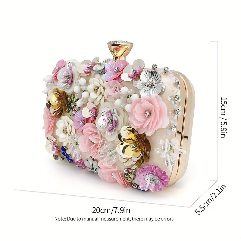 3D Beaded Elegant Evening Bag, Flower Box Clutch Purse for Women's Wedding Party Prom Beauty Fashion