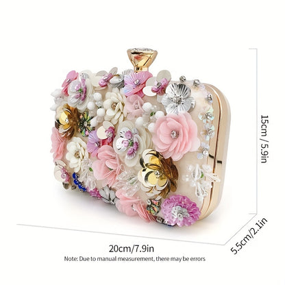 3D Beaded Elegant Evening Bag, Flower Box Clutch Purse for Women's Wedding Party Prom Beauty Fashion