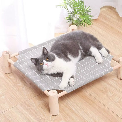 Cat and Dog Hammock Bed Wooden Cat Hammock Elevated Cooling Bed Detachable Portable Indoor Outdoor Pet Bed Suitable