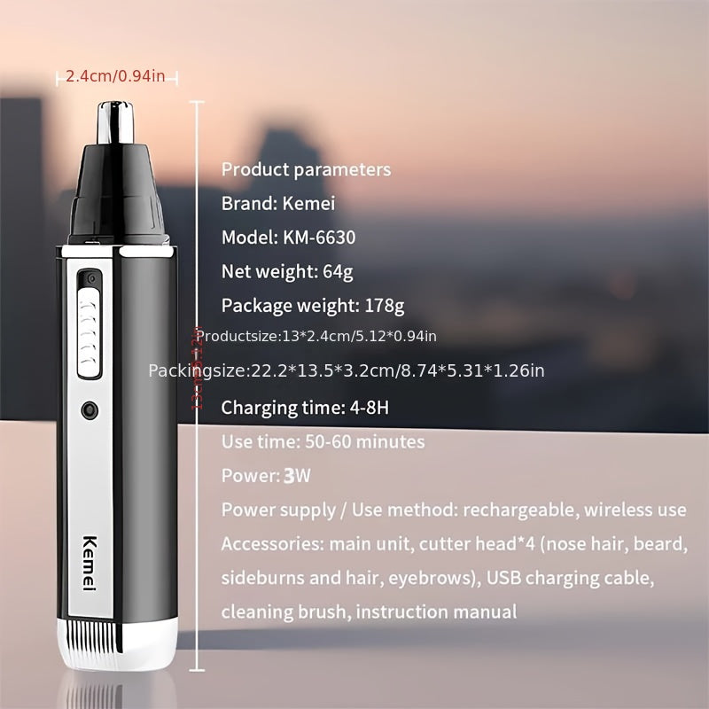 Kemei 4-in-1 Professional Rechargeable Nose, Ear, Hair Trimmer for Men | USB Charging, Nickel Battery, KM-6630 Beauty Fashion