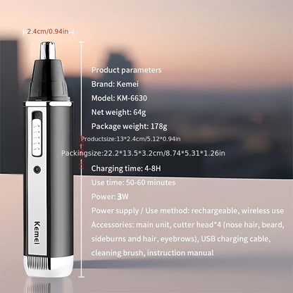 Kemei 4-in-1 Professional Rechargeable Nose, Ear, Hair Trimmer for Men | USB Charging, Nickel Battery, KM-6630 Beauty Fashion