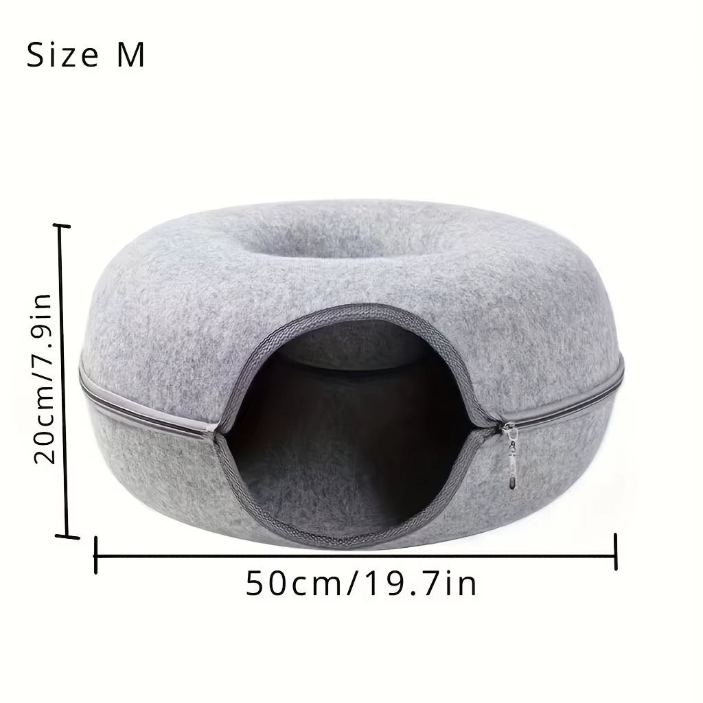 Wool Felt Cat Tunnel Nest – Modern Style Uncharged Donut Bed, Detachable & Washable All-Season Cat House, 1Pc Cozy Cat Condo