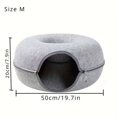 Wool Felt Cat Tunnel Nest – Modern Style Uncharged Donut Bed, Detachable & Washable All-Season Cat House, 1Pc Cozy Cat Condo