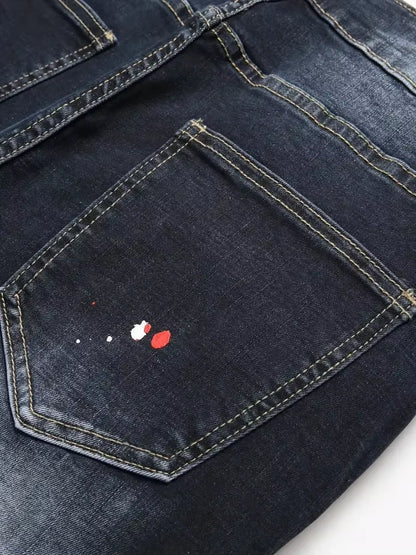 Men Y2K Stretchy Denim Jeans Ripped Skinny Letter Print Elastic Waist Casual Pants for Men Hole Slim Fit Denim Hip Hop Trousers