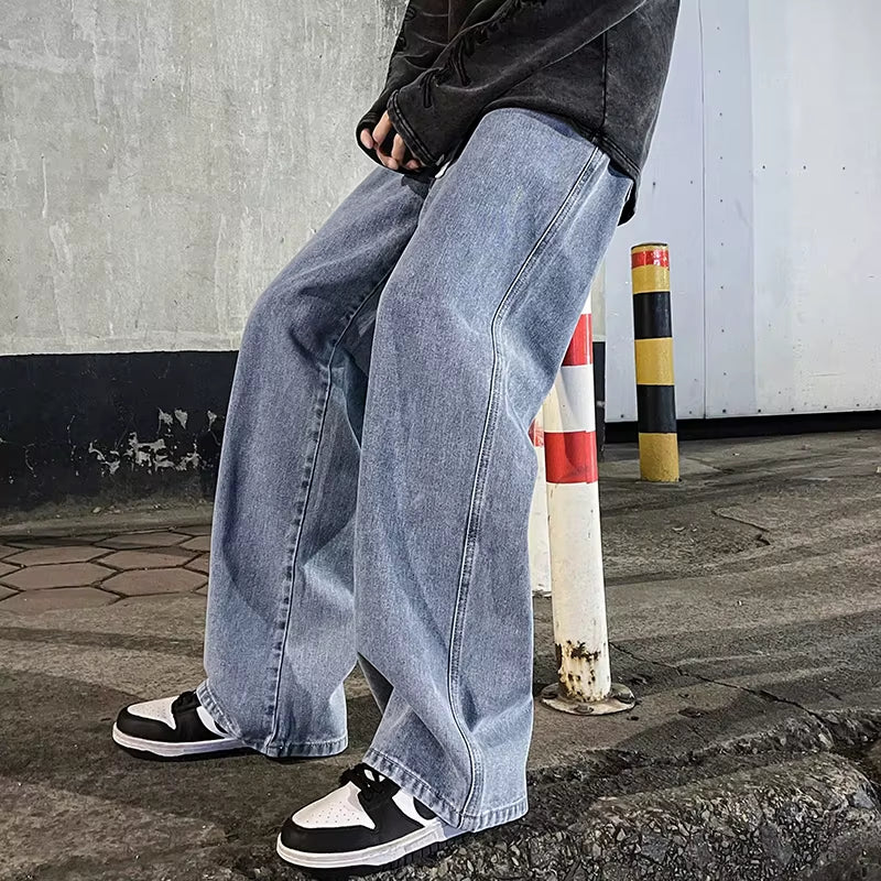 2024 New Streetwear Loose Jeans Men Korean Style Fashion Loose Straight Wide Leg Pants Men'S Brand Clothing Black Light Blue