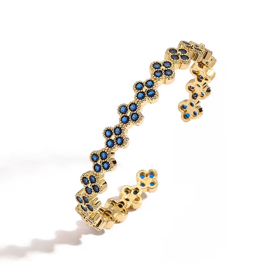 ,Sweet and Romantic 18K Gold-Plated Zirconia Brass Flower Women'S Open Adjustable Bracelet