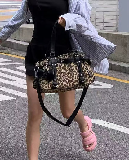 JIAERDI Harajuku Leopard Print Y2K Shoulder Bags Women Hot Girls Nylon Cute Handbag Ladies Vintage Tote Underarm Bag Aesthetic