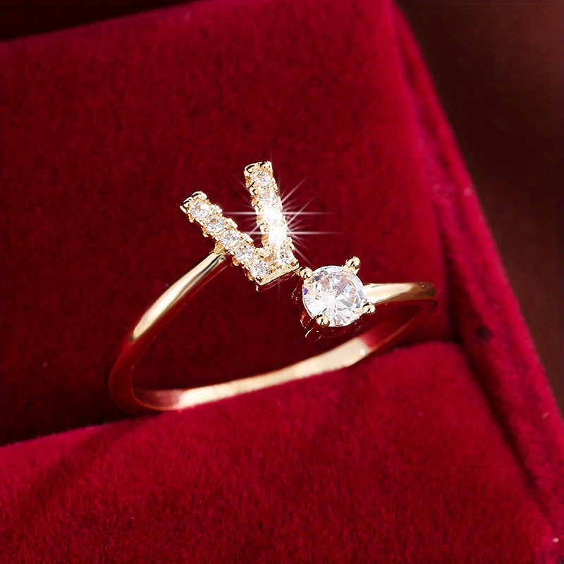 Fashionable 26 English Letters Four-Prong Synthetic Synthetic Zirconia Open Adjustment Ring Beauty Fashion